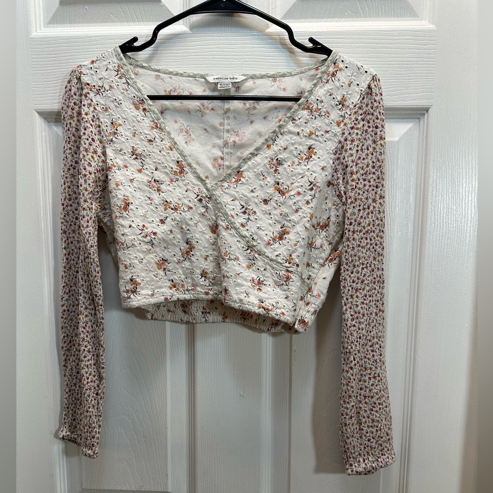 American Eagle Outfitters Cream Floral Wrap Crop Top with Pink Accents